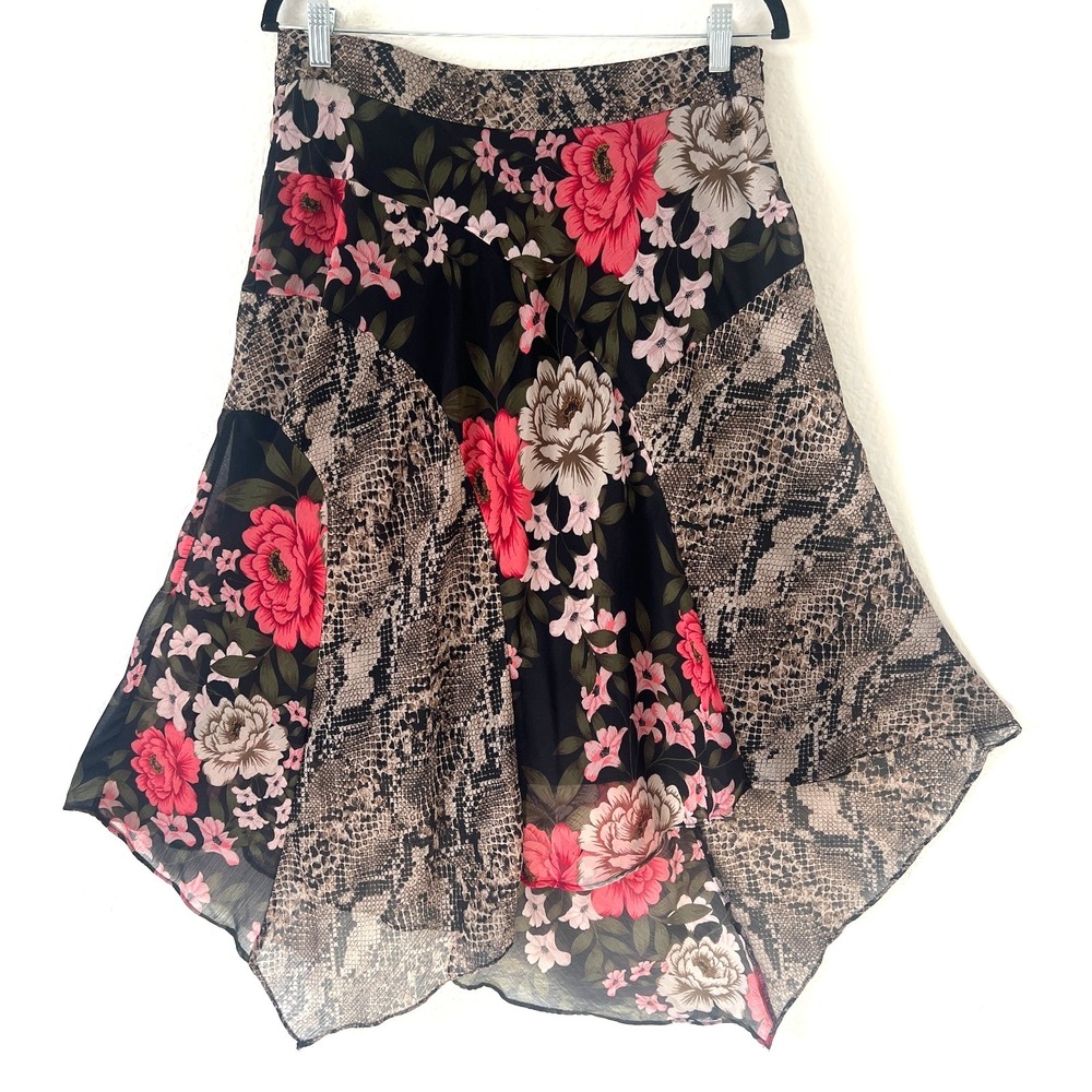 INC Sz 6‎ Y2K Mixed Print Floral Snakeskin Asymmetrical Handkerchief Skirt Fairy